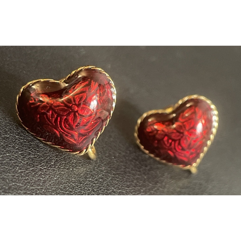 Vintage Puffy Heart Earrings Clip Ons Red Floral Enamel Gold Tone